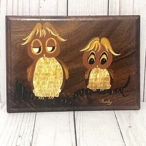 Vintage Wooden Frame Retro MCM Hand Painted Owls on a Branch Woodland Cabincore